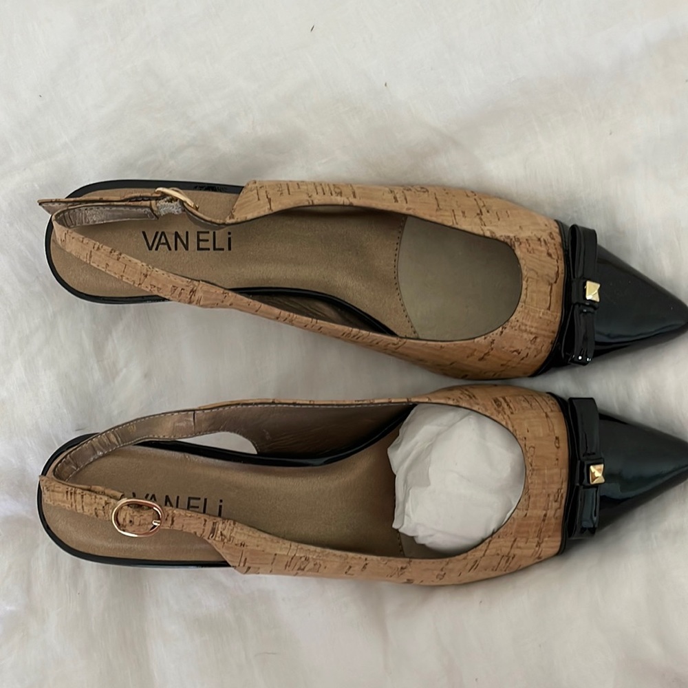 Vaneli Cork Black Patent Leather Front Bow Sling Back Heels Size 9